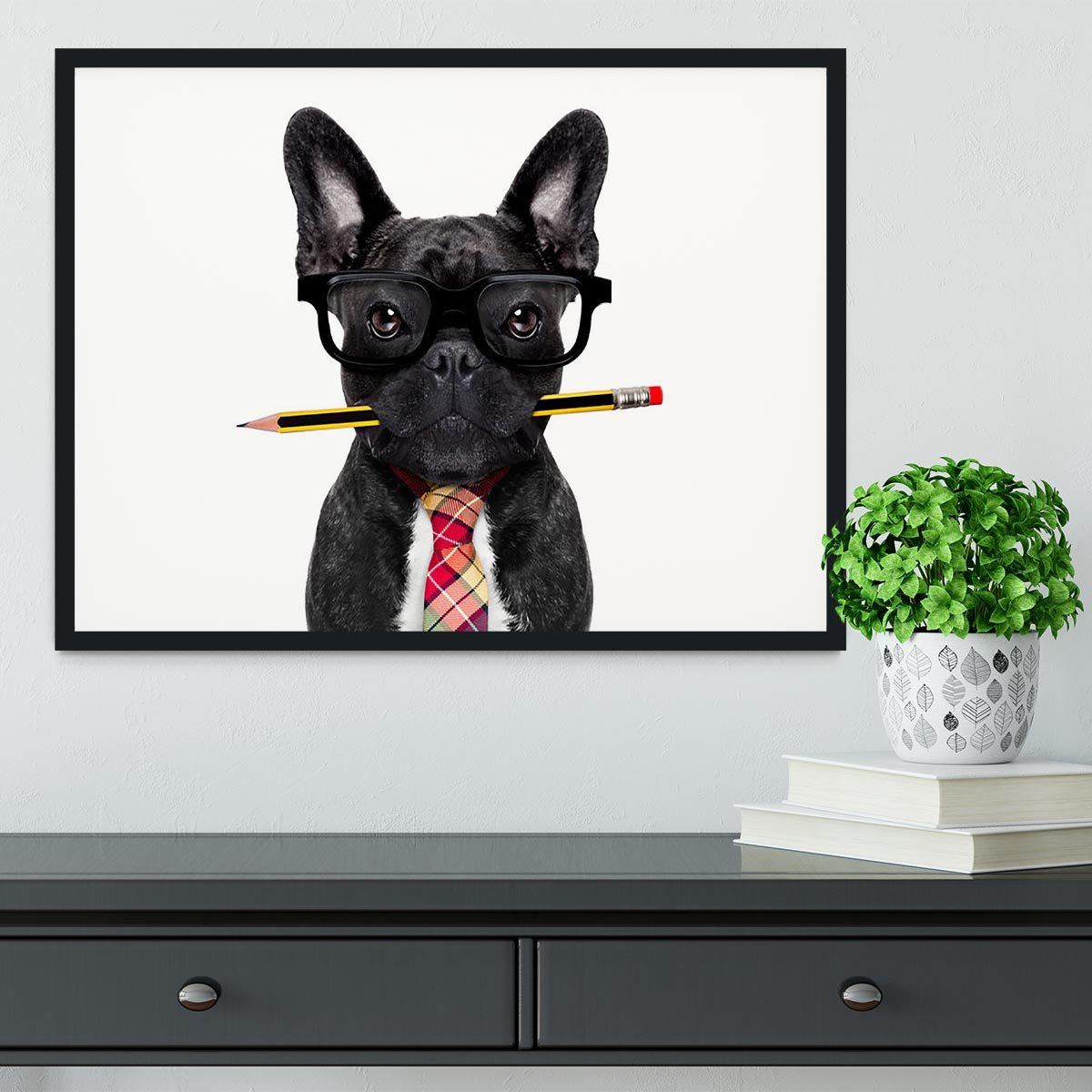 Office businessman french bulldog dog with pen Framed Print - Canvas Art Rocks - 2
