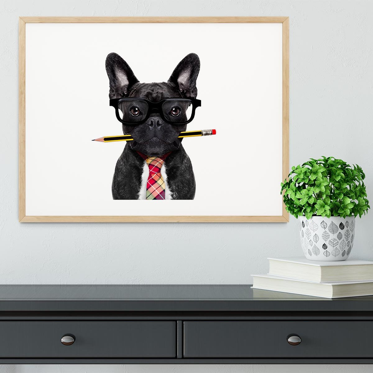 Office businessman french bulldog dog with pen Framed Print - Canvas Art Rocks - 3