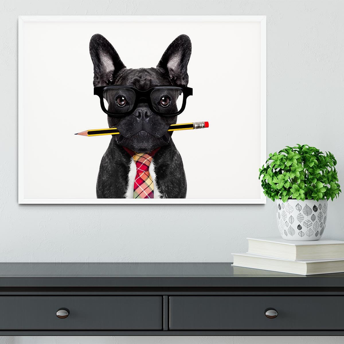 Office businessman french bulldog dog with pen Framed Print - Canvas Art Rocks -6