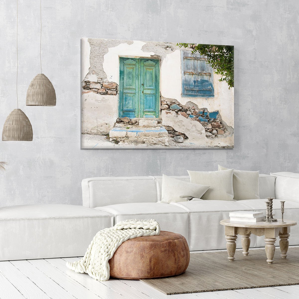 Old wooden door of a shabby demaged house Canvas Print or Poster