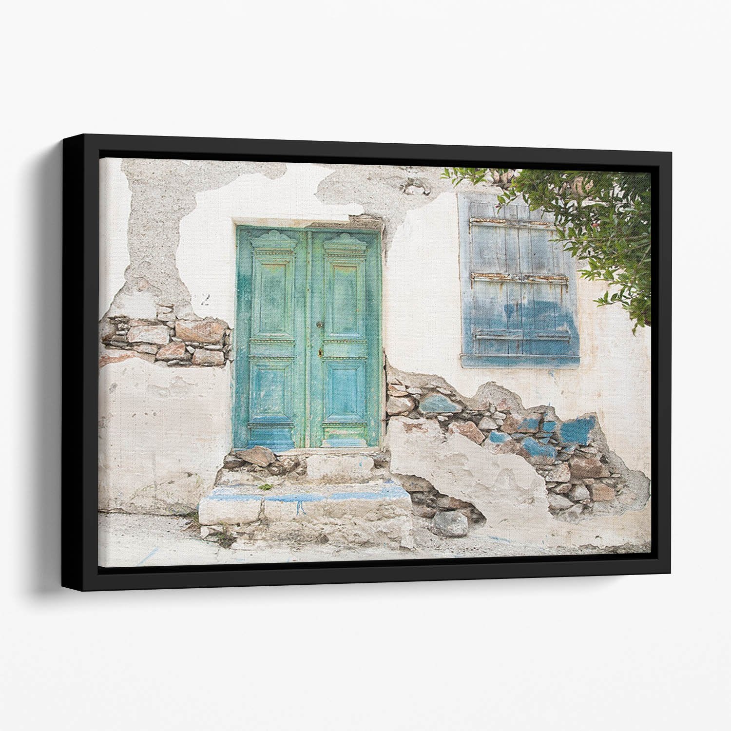 Old wooden door of a shabby demaged house Floating Framed Canvas