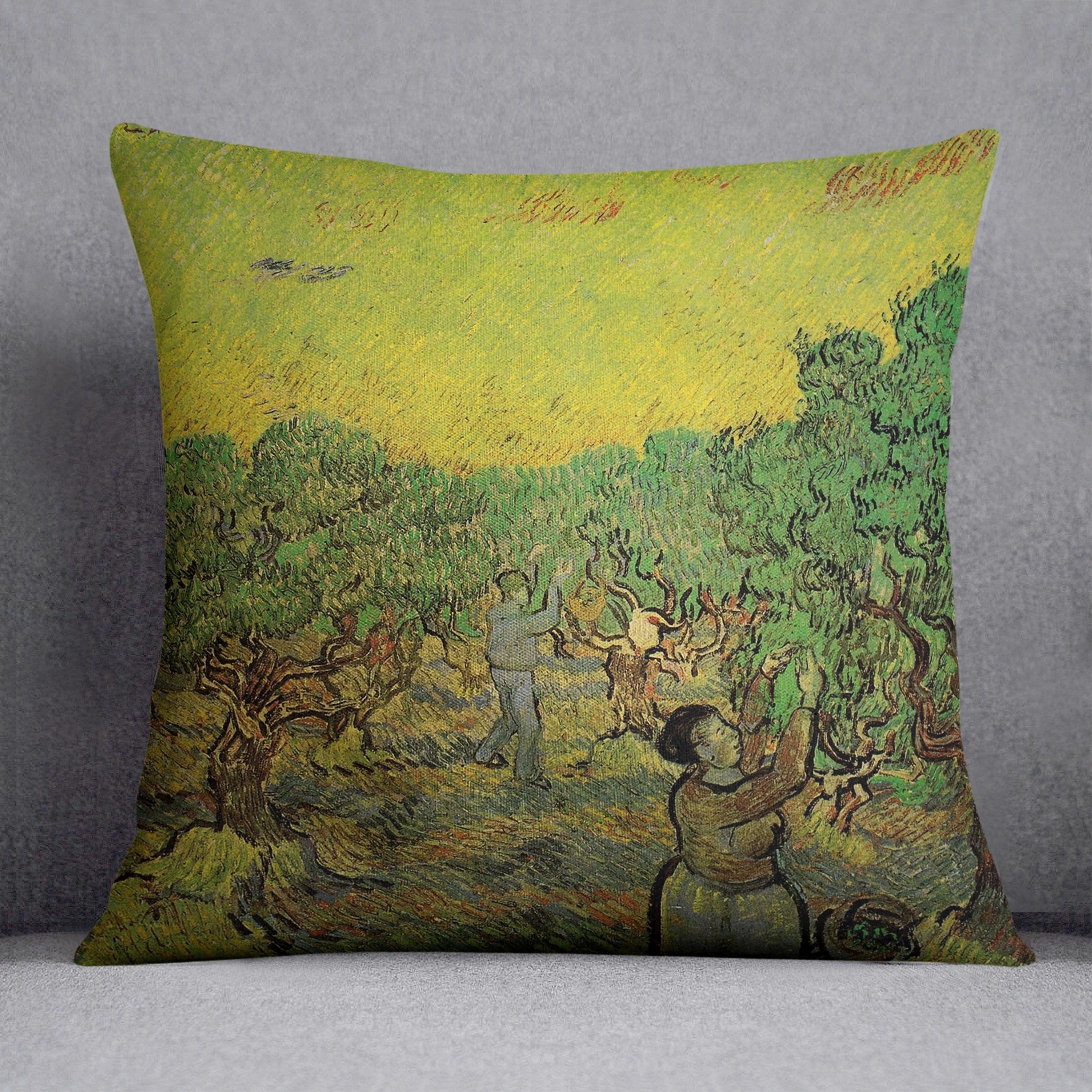 Olive Grove with Picking Figures by Van Gogh Throw Pillow