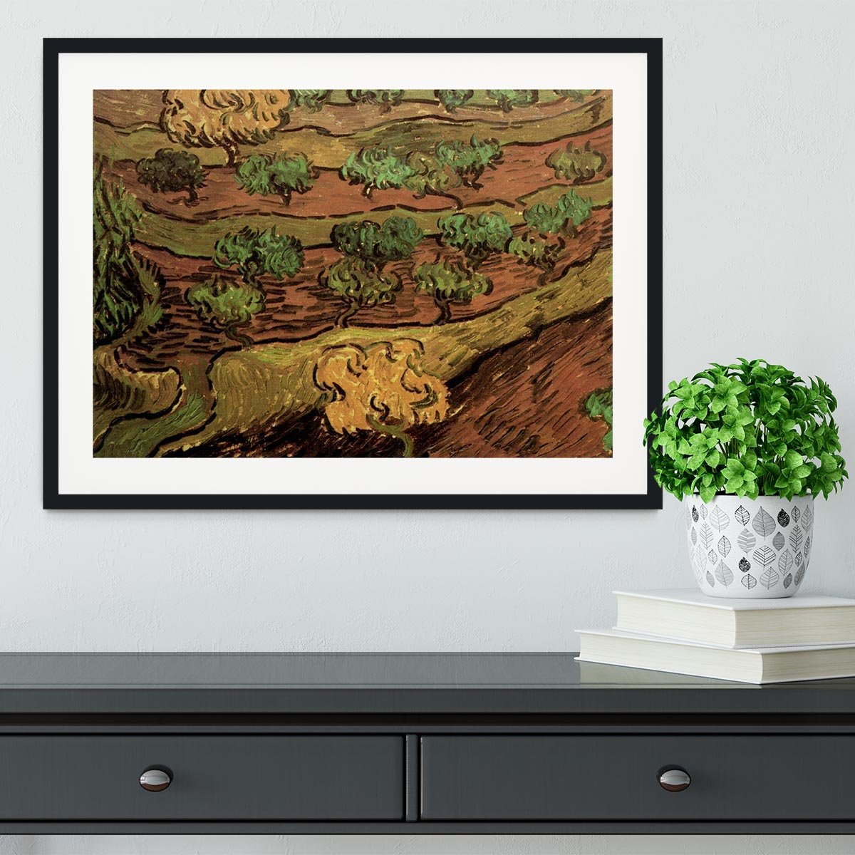 Olive Trees against a Slope of a Hill by Van Gogh Framed Print - Canvas Art Rocks - 1