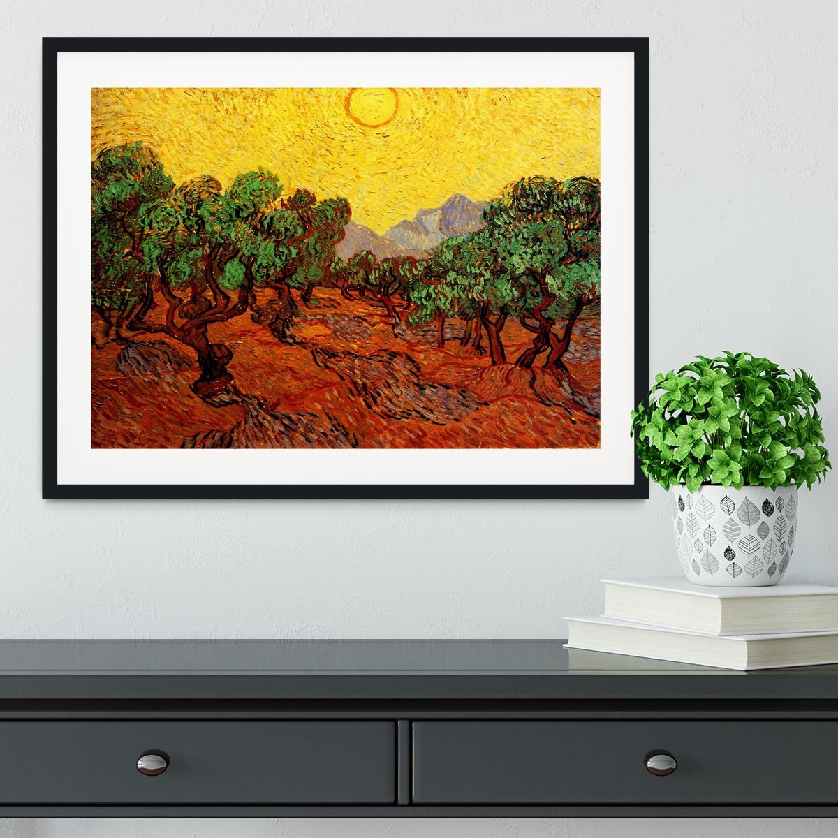 Olive Trees with Yellow Sky and Sun by Van Gogh Framed Print - Canvas Art Rocks - 1