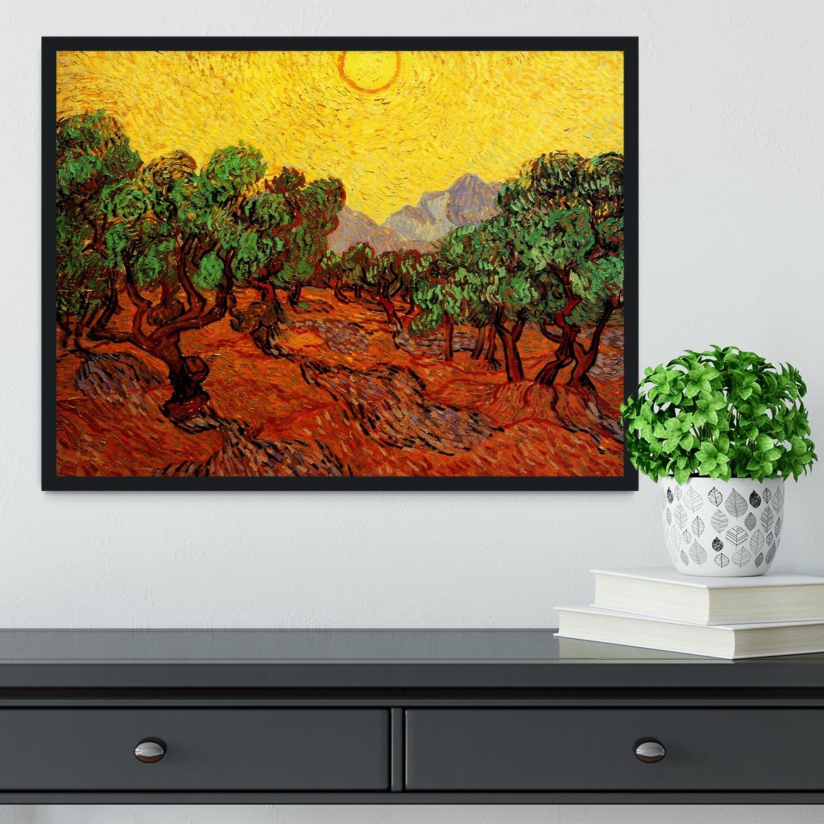 Olive Trees with Yellow Sky and Sun by Van Gogh Framed Print - Canvas Art Rocks - 2