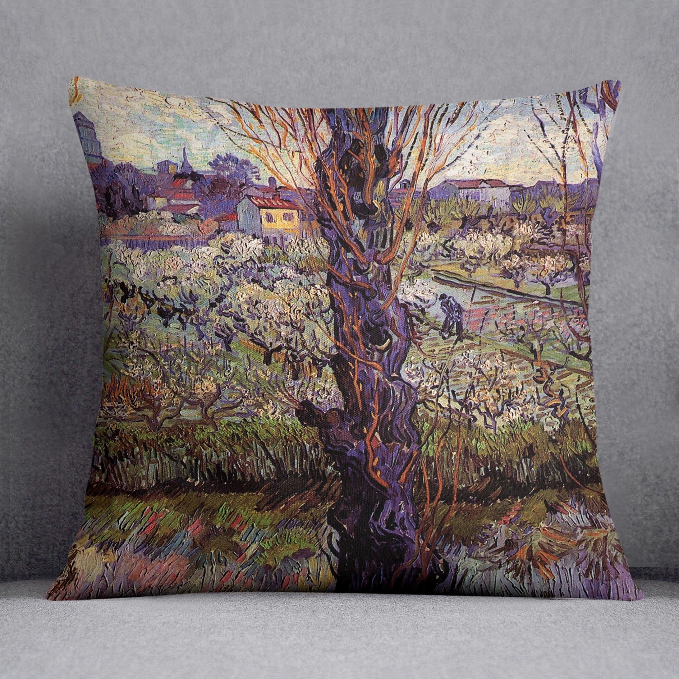 Orchard in Blossom with View of Arles by Van Gogh Throw Pillow