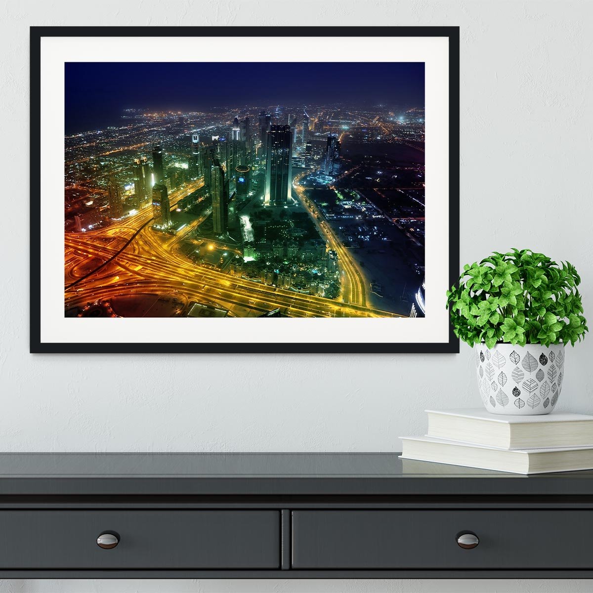 Panorama Dubai city at night Framed Print - Canvas Art Rocks - 1