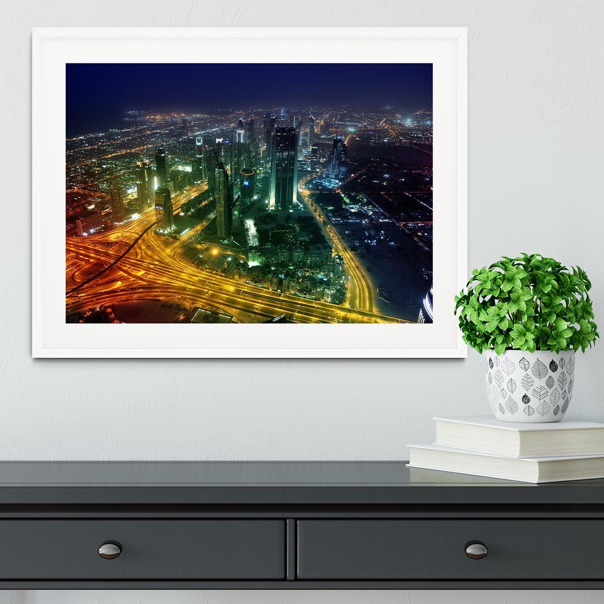 Panorama Dubai city at night Framed Print - Canvas Art Rocks - 5