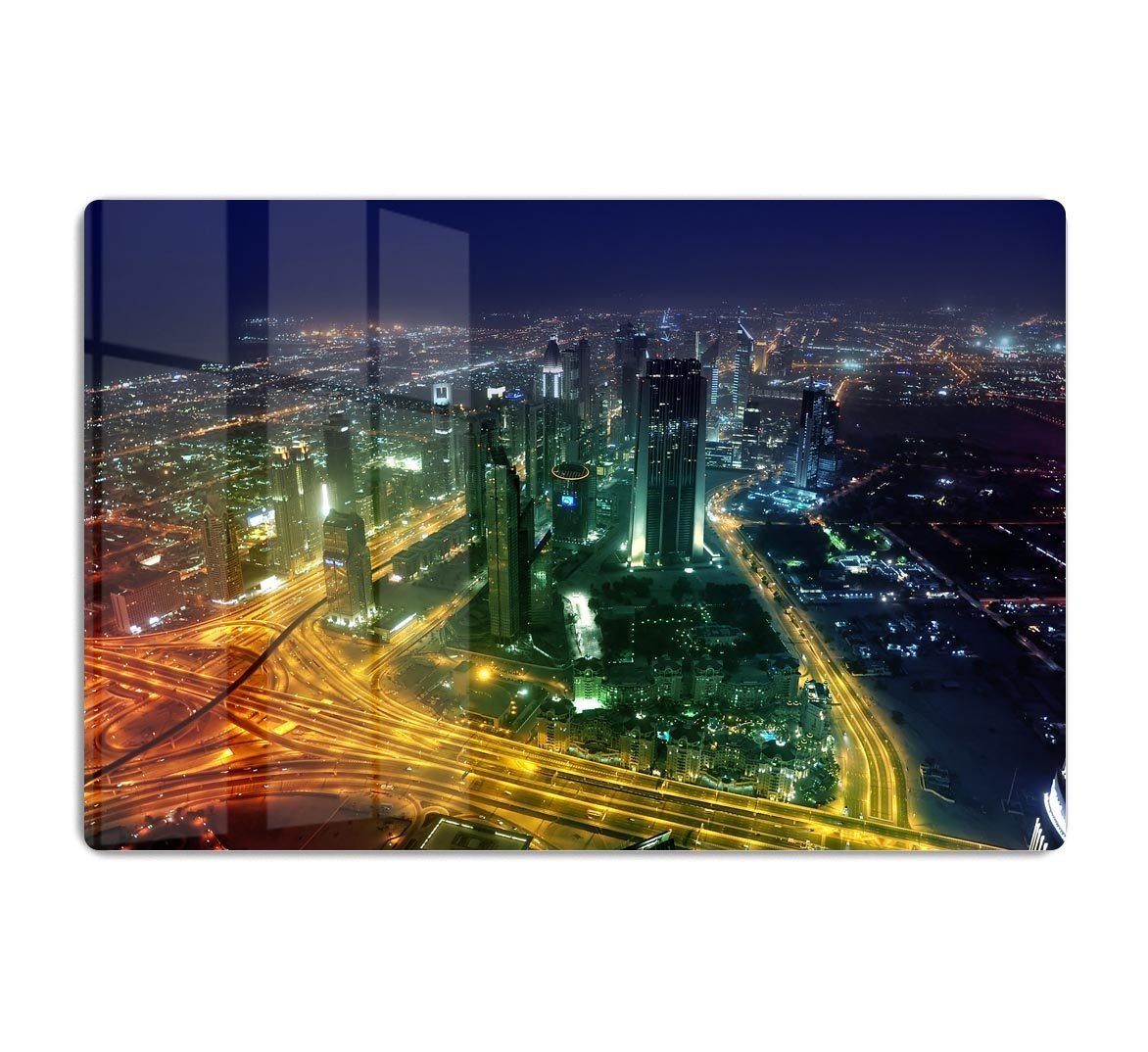 Panorama Dubai city at night HD Metal Print