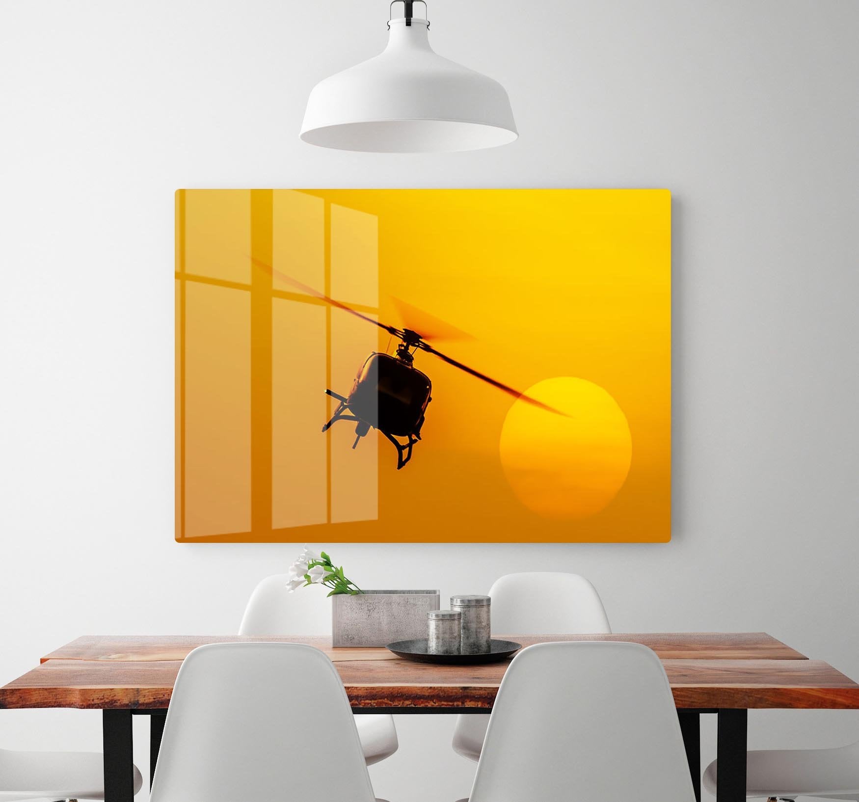 Patrol helicopter flying in sunset HD Metal Print