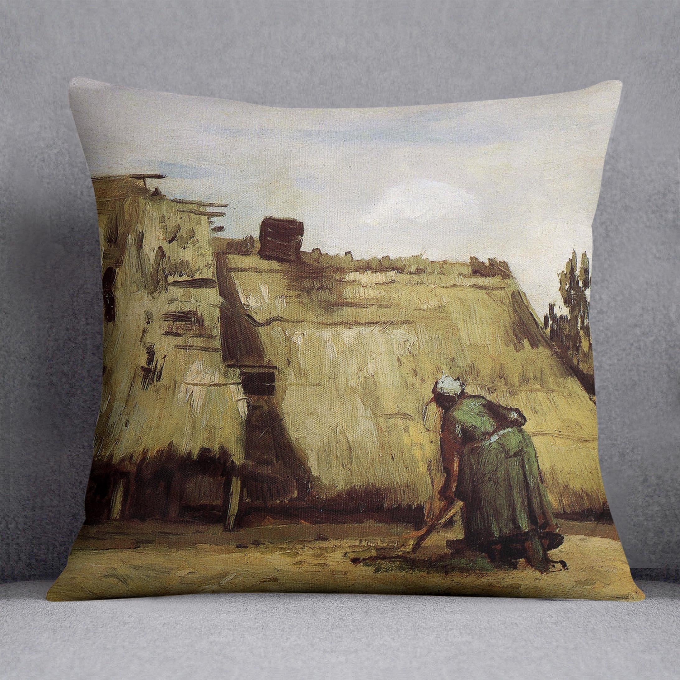 Peasant Woman Digging in Front of Her Cottage by Van Gogh Throw Pillow