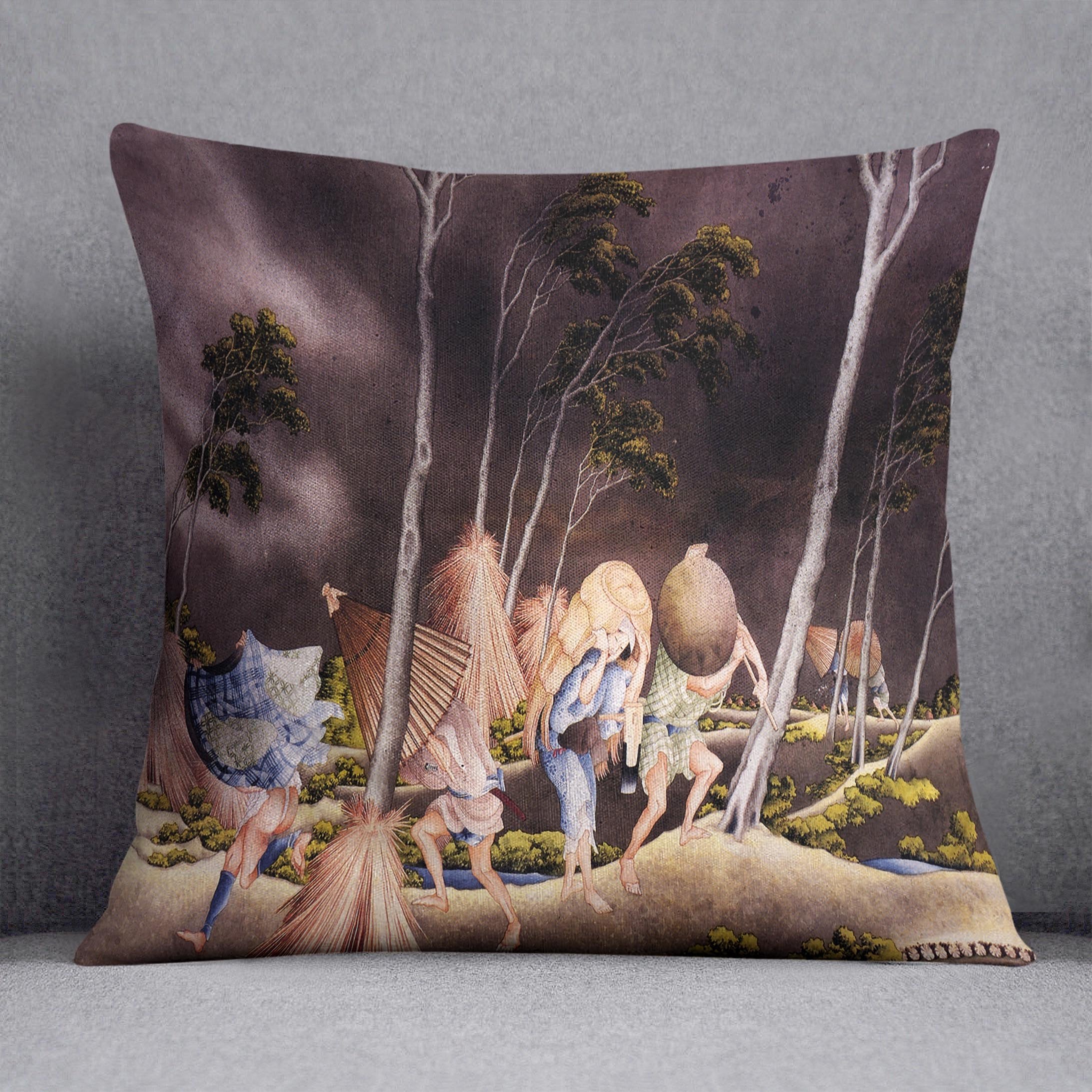 Peasants surprised by a violent storm by Hokusai Throw Pillow