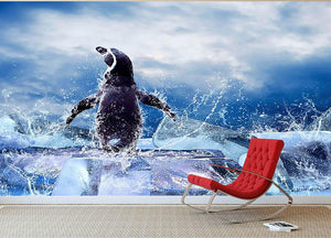 Penguin on the Ice in water drops Wall Mural Wallpaper - Canvas Art Rocks - 2