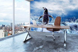 Penguin on the Ice in water drops Wall Mural Wallpaper - Canvas Art Rocks - 3