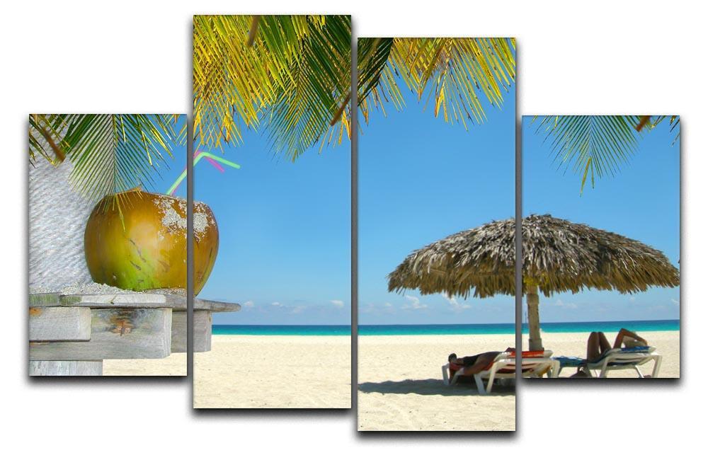 People relaxing under tropical huts with coconut 4 Split Panel Canvas - Canvas Art Rocks - 1