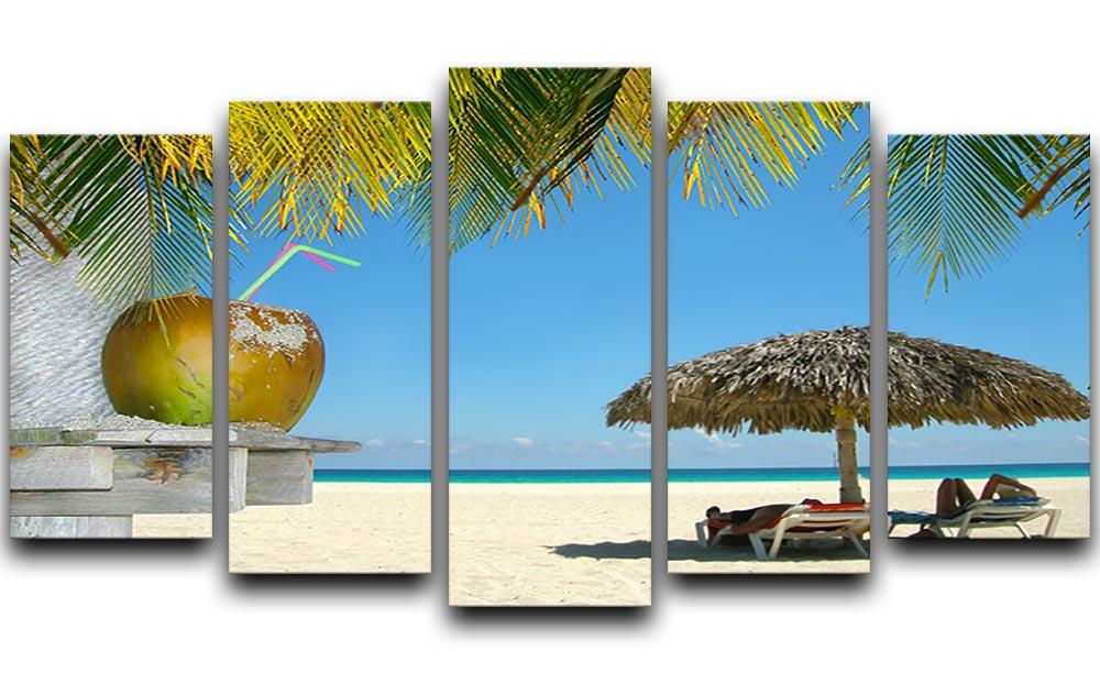 People relaxing under tropical huts with coconut 5 Split Panel Canvas - Canvas Art Rocks - 1