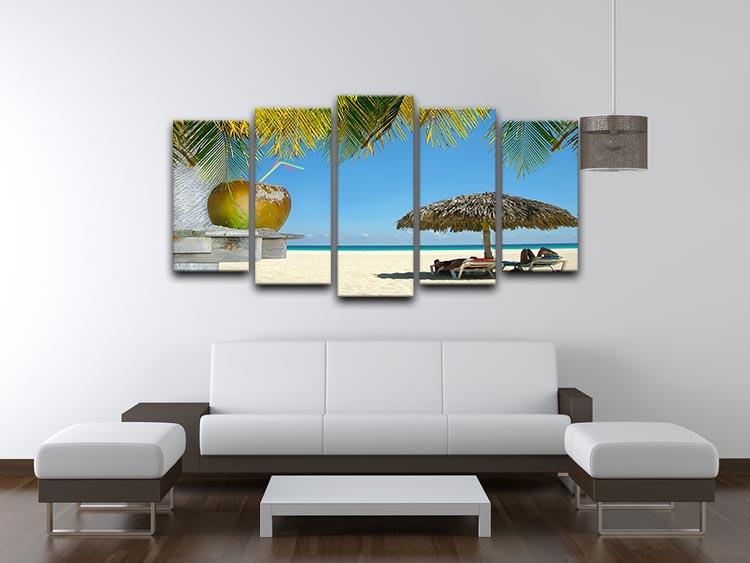 People relaxing under tropical huts with coconut 5 Split Panel Canvas - Canvas Art Rocks - 3