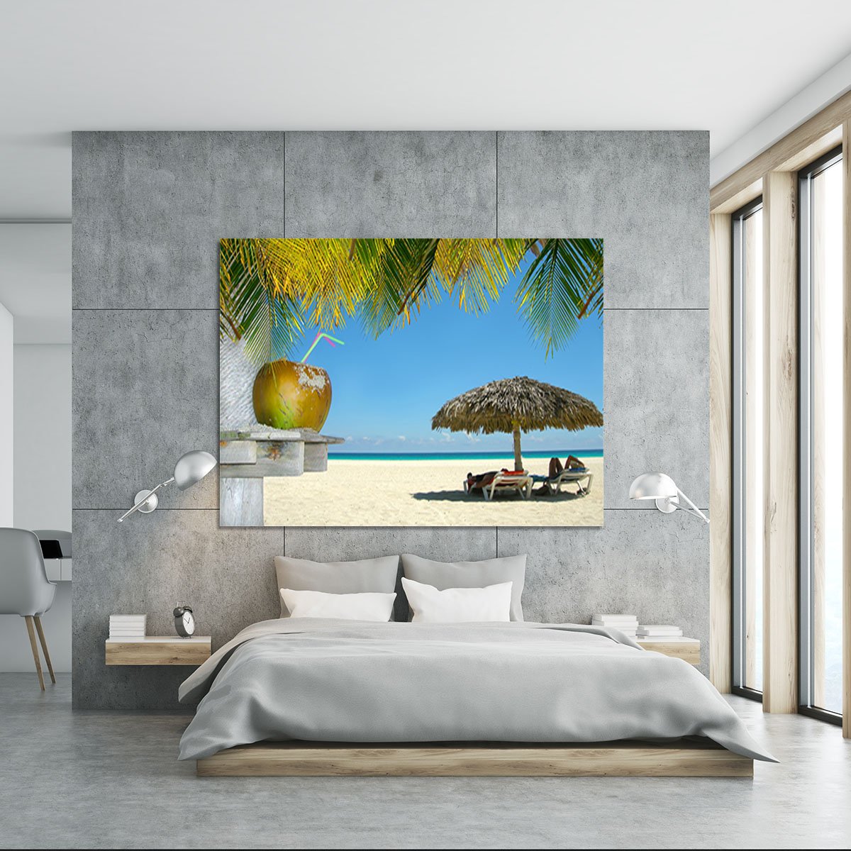 People relaxing under tropical huts with coconut Canvas Print or Poster