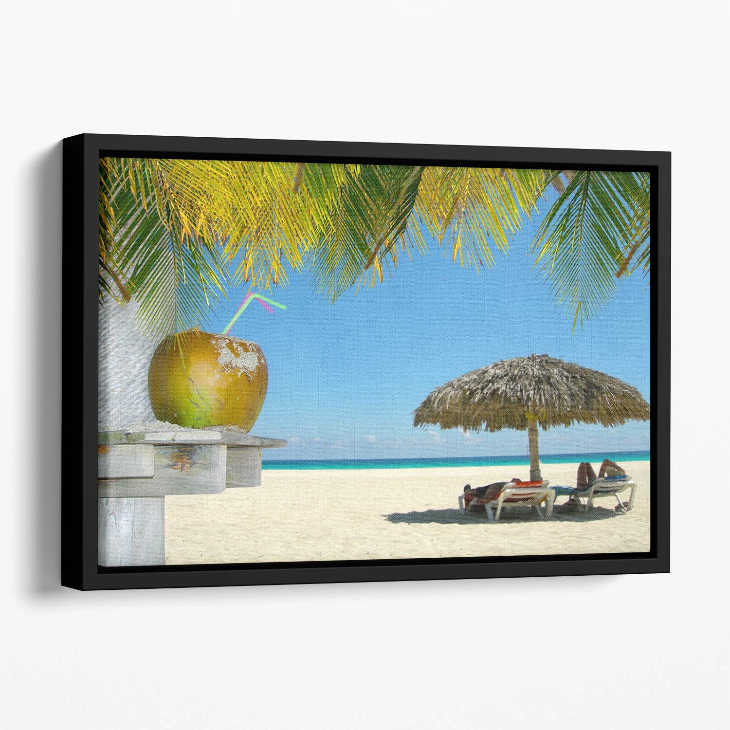 People relaxing under tropical huts with coconut Floating Framed Canvas