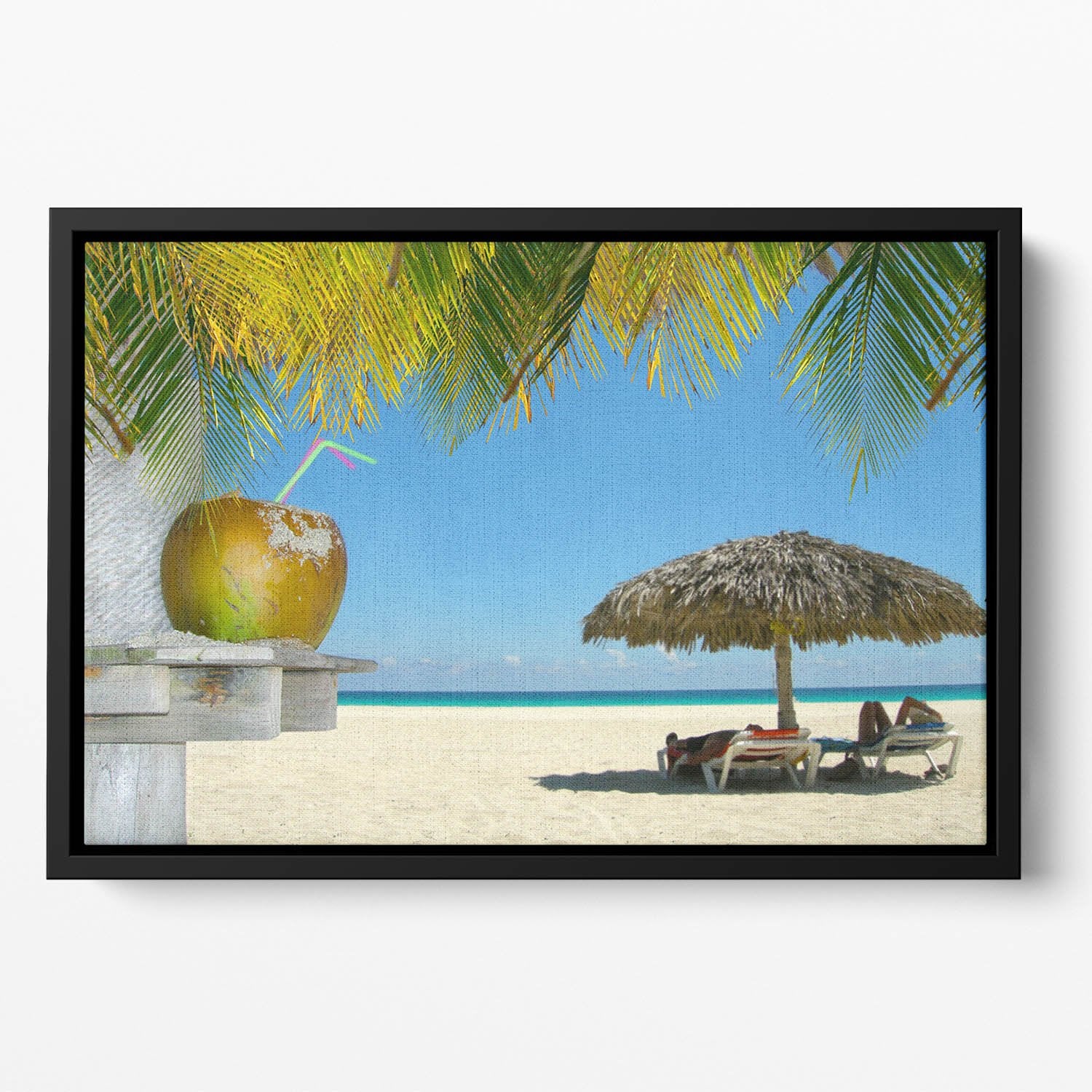 People relaxing under tropical huts with coconut Floating Framed Canvas