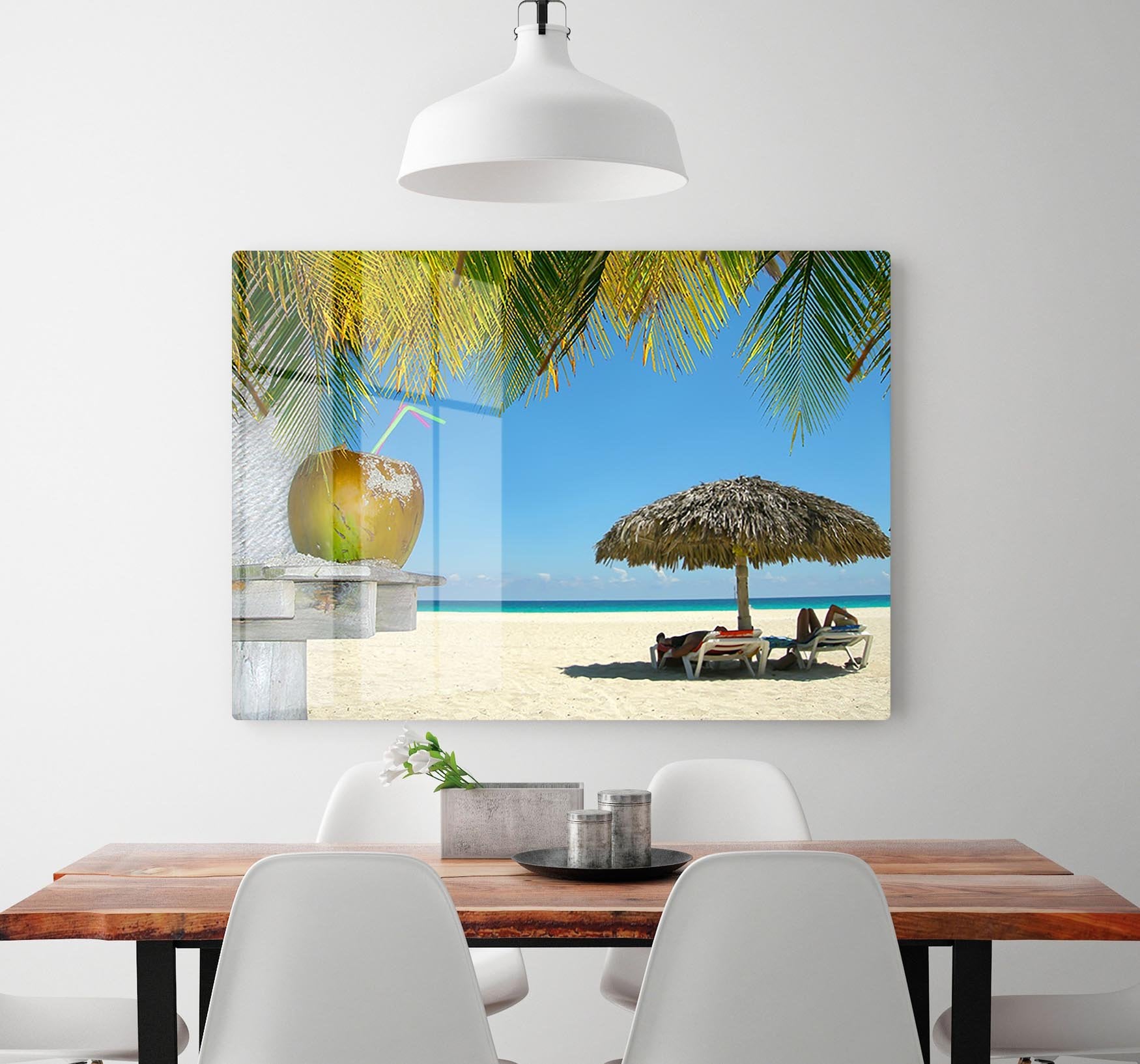 People relaxing under tropical huts with coconut HD Metal Print - Canvas Art Rocks - 2