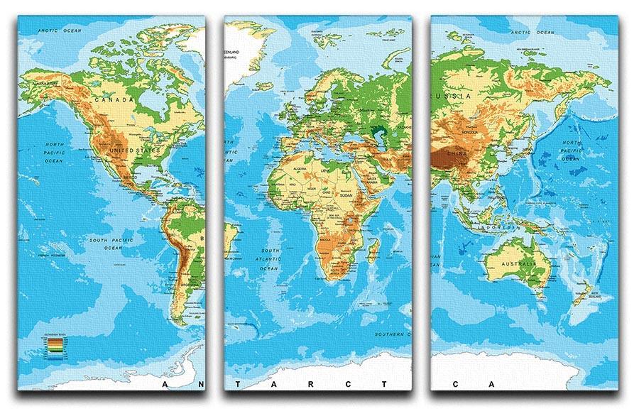 Physical map of the world 3 Split Panel Canvas Print - Canvas Art Rocks - 1