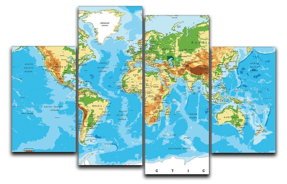 Physical map of the world 4 Split Panel Canvas  - Canvas Art Rocks - 1