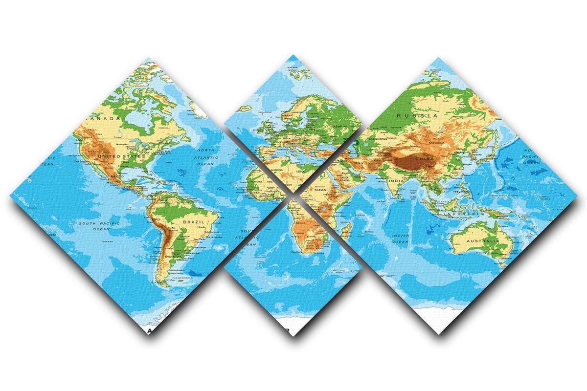 Physical map of the world 4 Square Multi Panel Canvas  - Canvas Art Rocks - 1