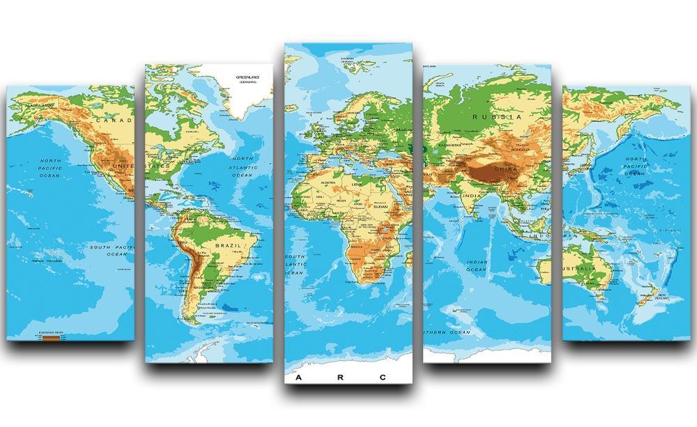 Physical map of the world 5 Split Panel Canvas  - Canvas Art Rocks - 1