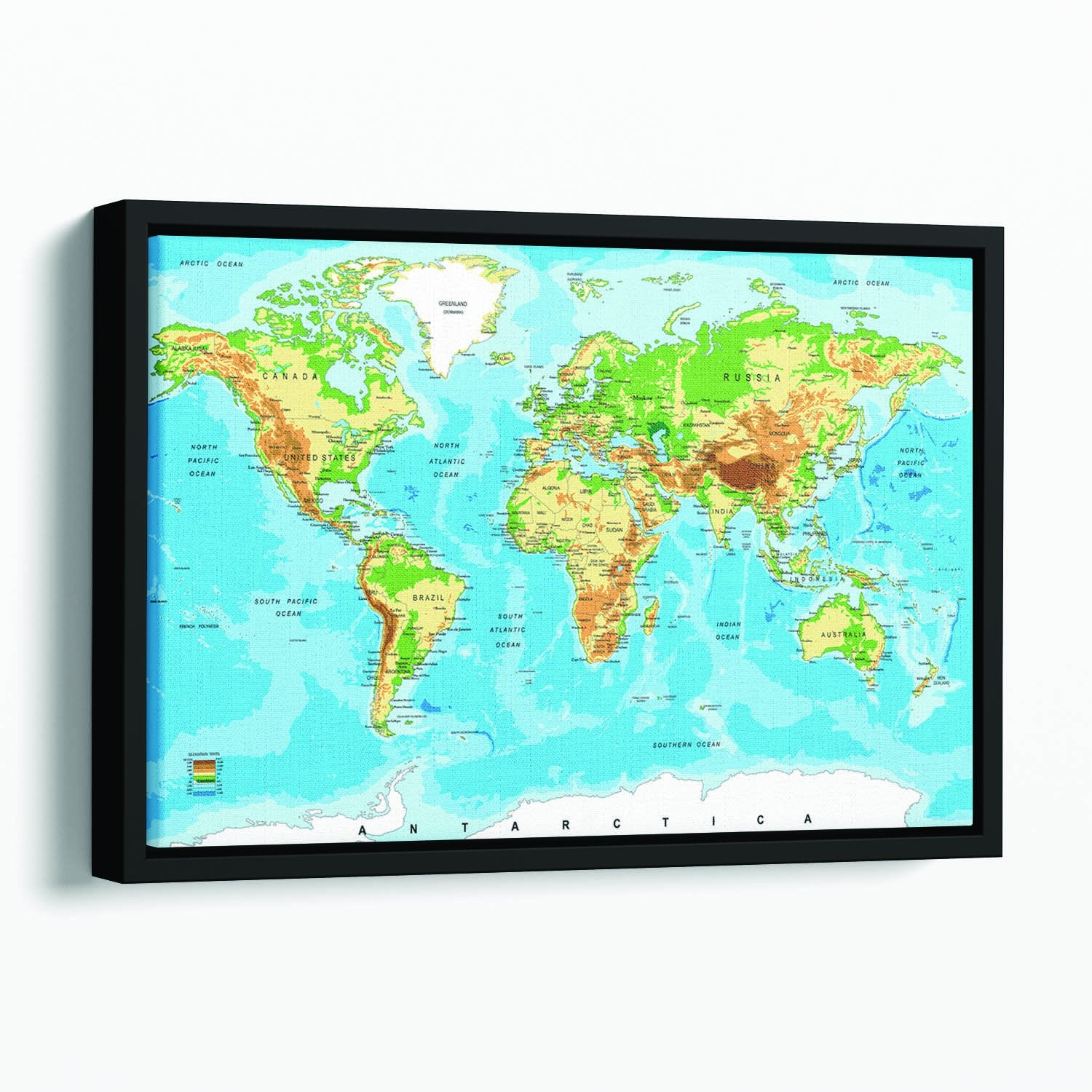 Physical map of the world Floating Framed Canvas