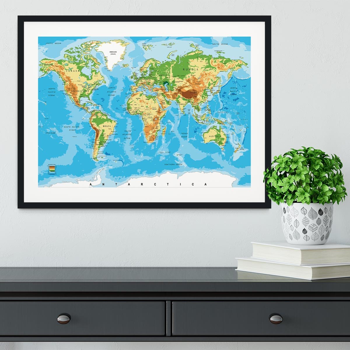 Physical map of the world Framed Print - Canvas Art Rocks - 1