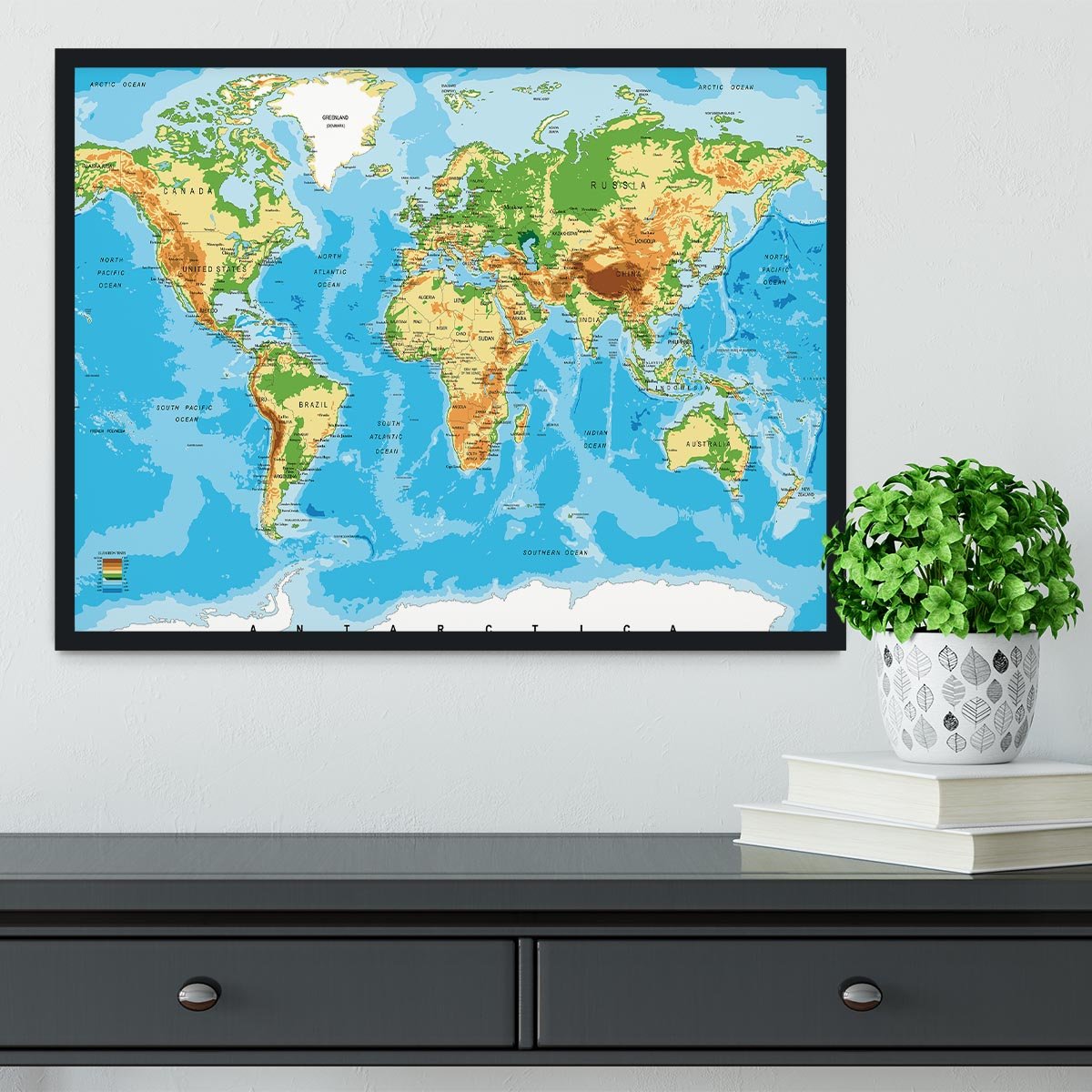 Physical map of the world Framed Print - Canvas Art Rocks - 2