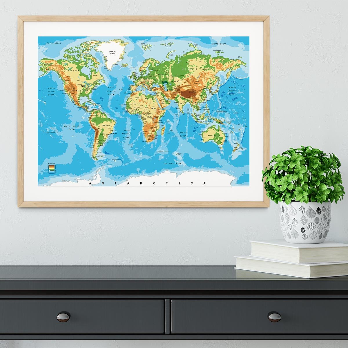 Physical map of the world Framed Print - Canvas Art Rocks - 3