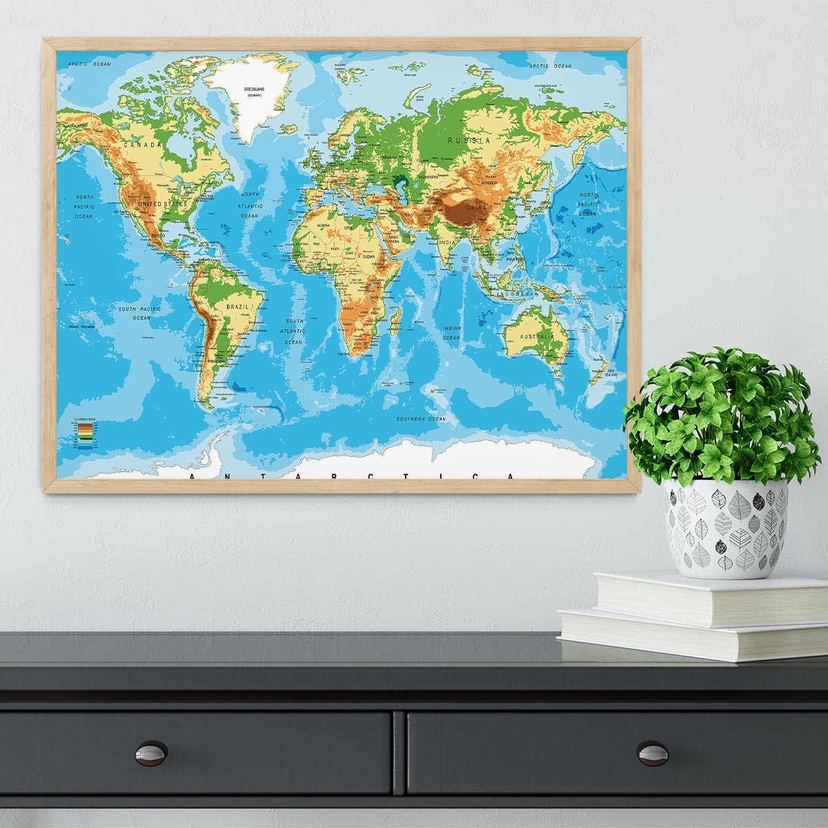 Physical map of the world Framed Print - Canvas Art Rocks - 4