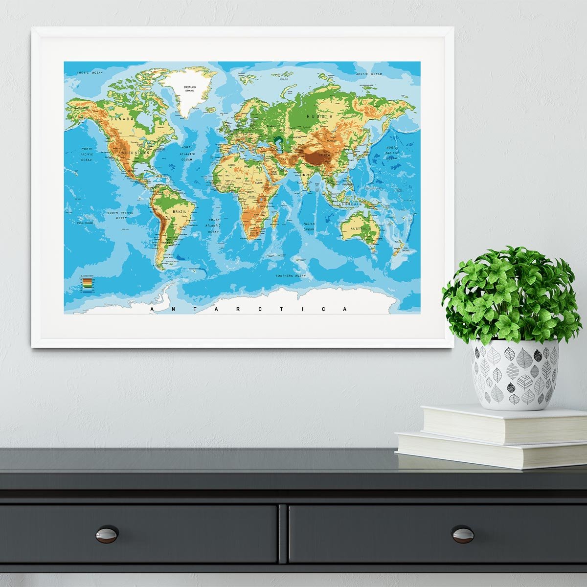 Physical map of the world Framed Print - Canvas Art Rocks - 5