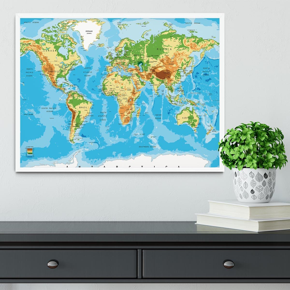 Physical map of the world Framed Print - Canvas Art Rocks -6