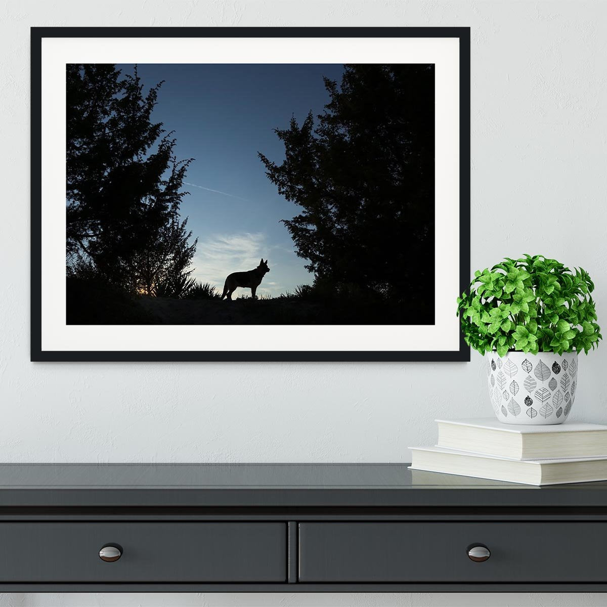 Picture of a wolf dog at dusk. Framed Print - Canvas Art Rocks - 1