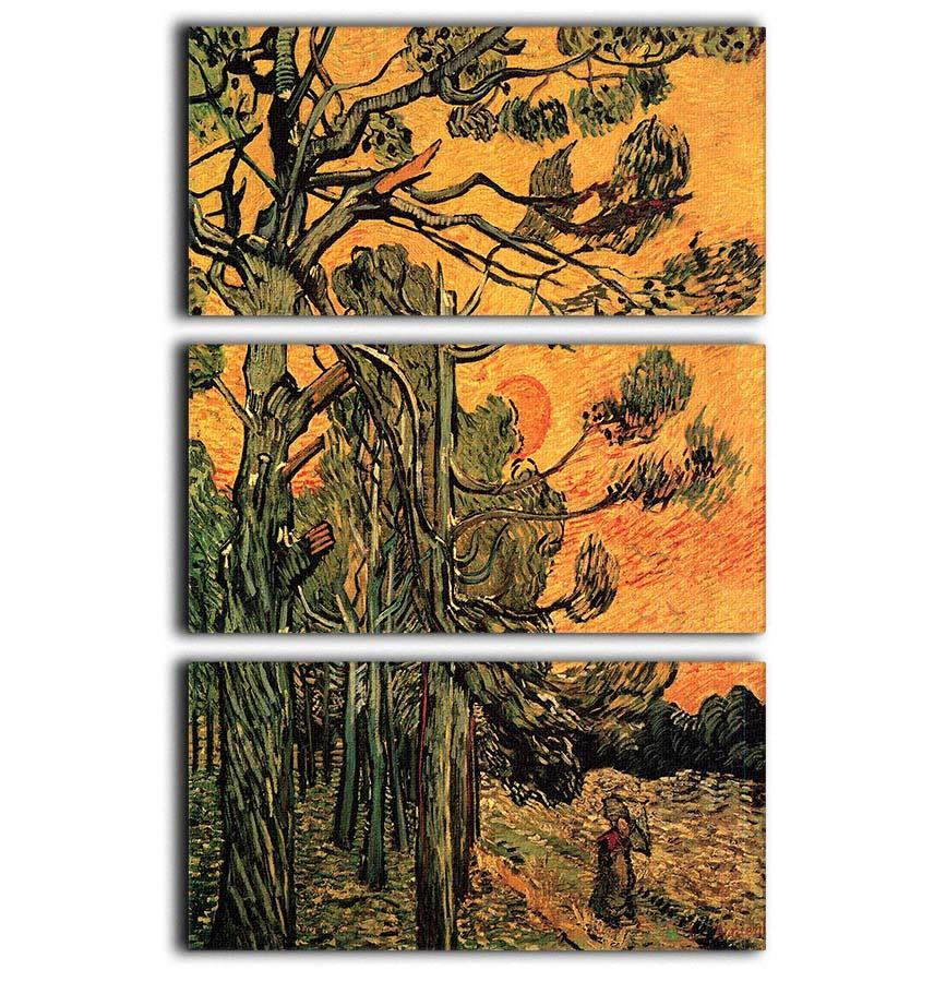 Pine Trees against a Red Sky with Setting Sun by Van Gogh 3 Split Panel Canvas Print - Canvas Art Rocks - 1