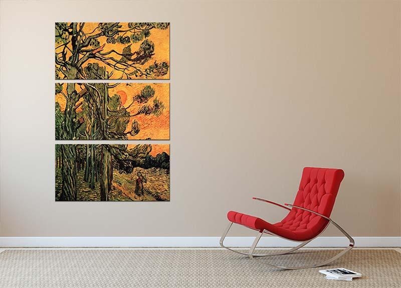 Pine Trees against a Red Sky with Setting Sun by Van Gogh 3 Split Panel Canvas Print - Canvas Art Rocks - 2