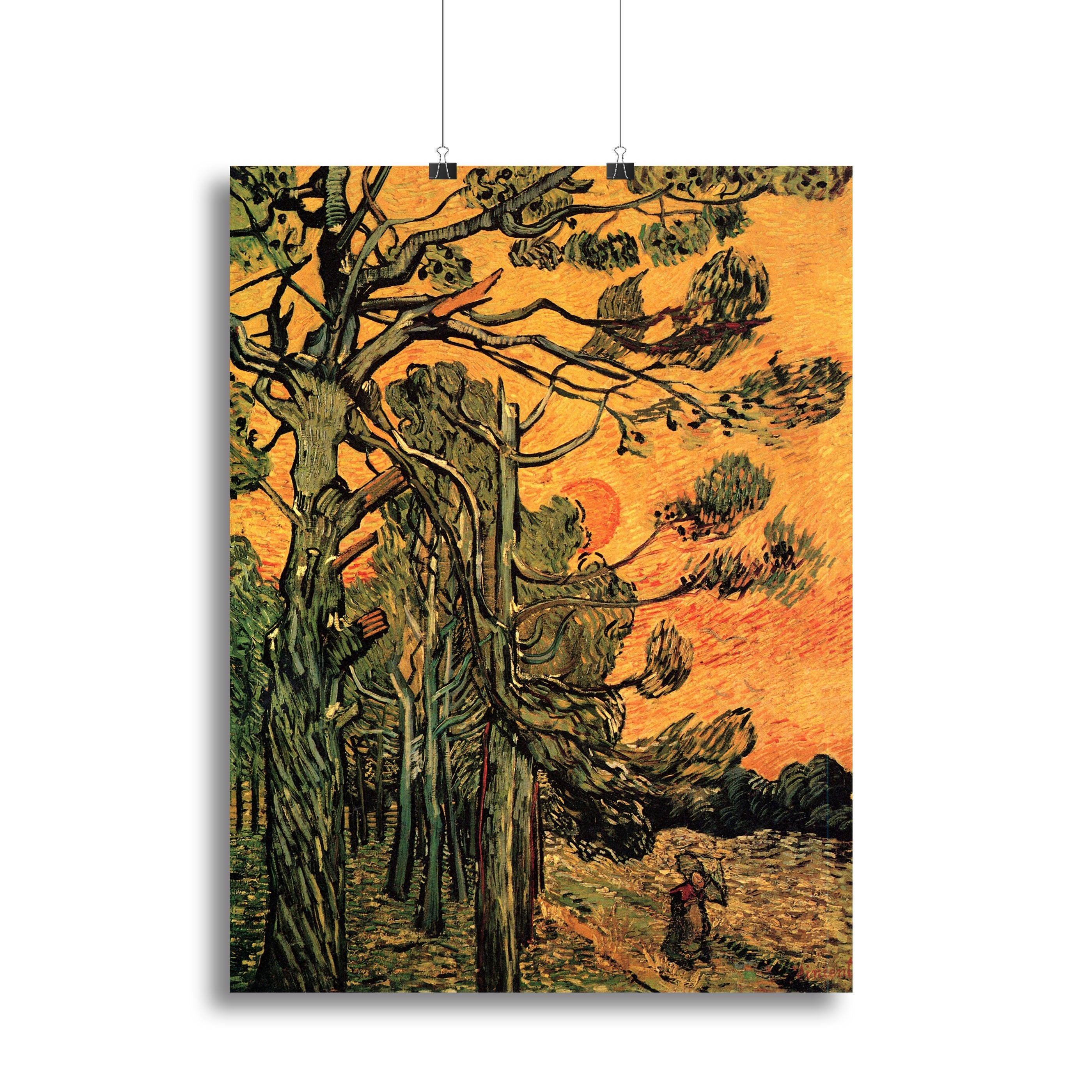 Pine Trees against a Red Sky with Setting Sun by Van Gogh Canvas Print or Poster