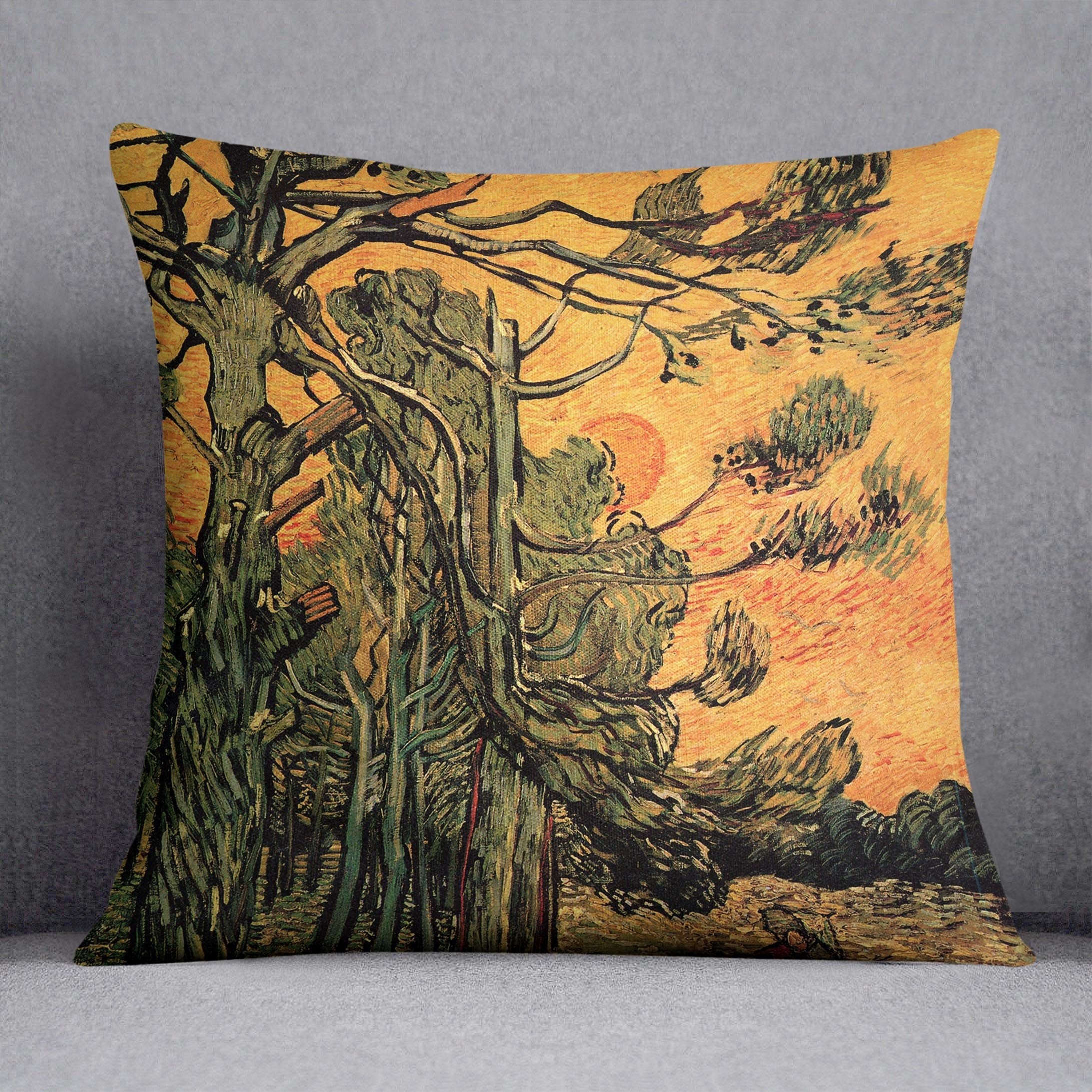 Pine Trees against a Red Sky with Setting Sun by Van Gogh Throw Pillow
