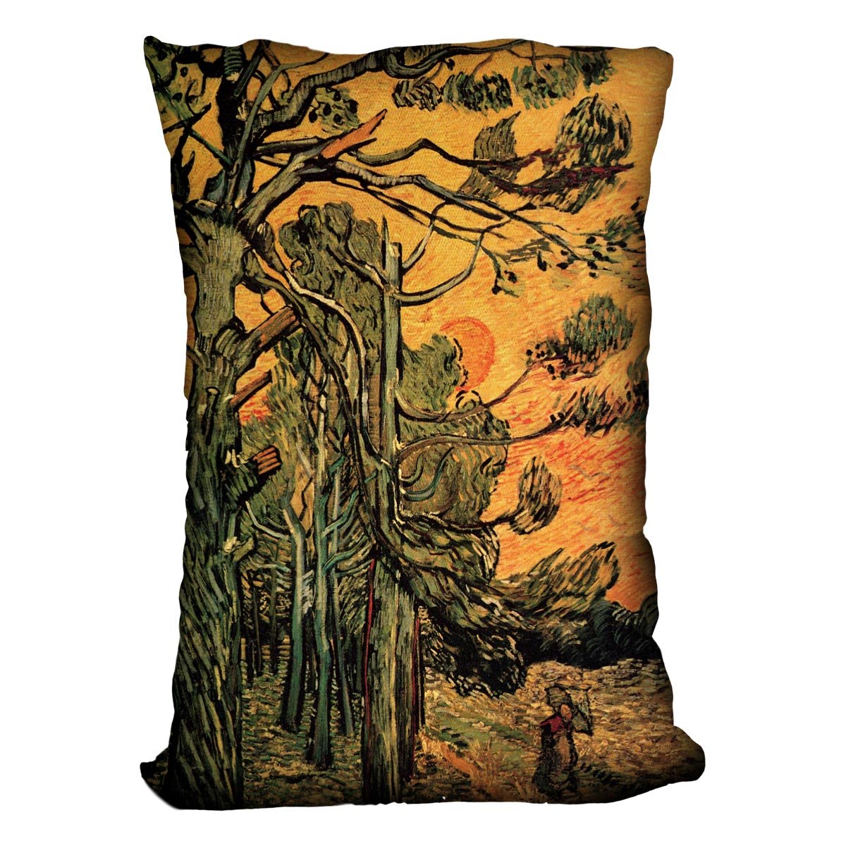 Pine Trees against a Red Sky with Setting Sun by Van Gogh Throw Pillow