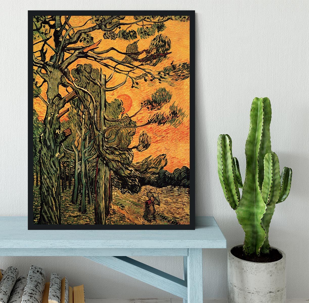 Pine Trees against a Red Sky with Setting Sun by Van Gogh Framed Print - Canvas Art Rocks - 2
