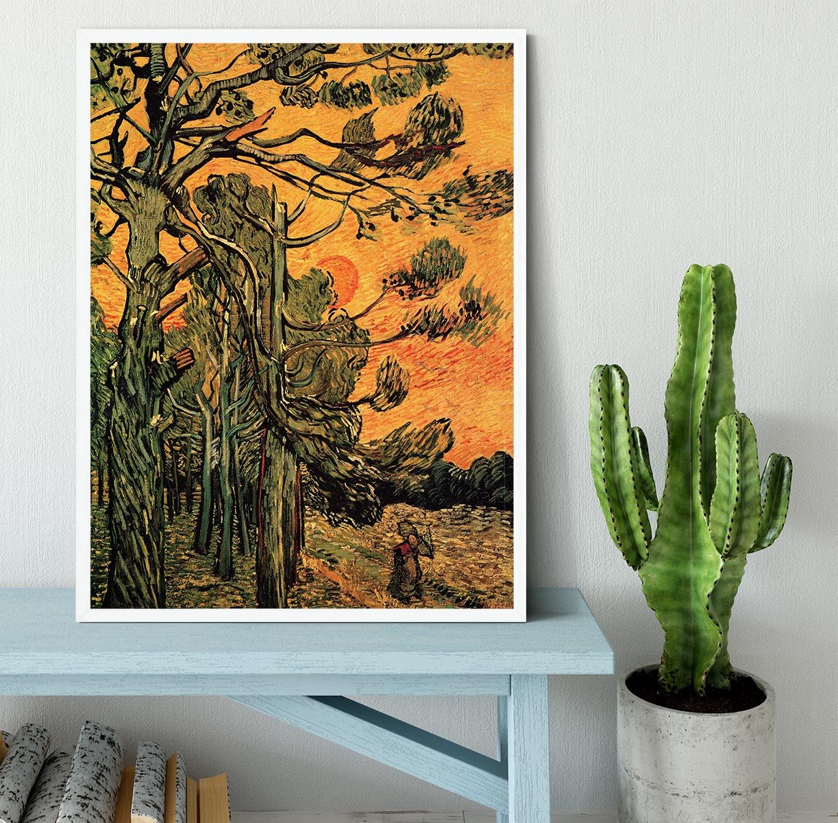 Pine Trees against a Red Sky with Setting Sun by Van Gogh Framed Print - Canvas Art Rocks -6