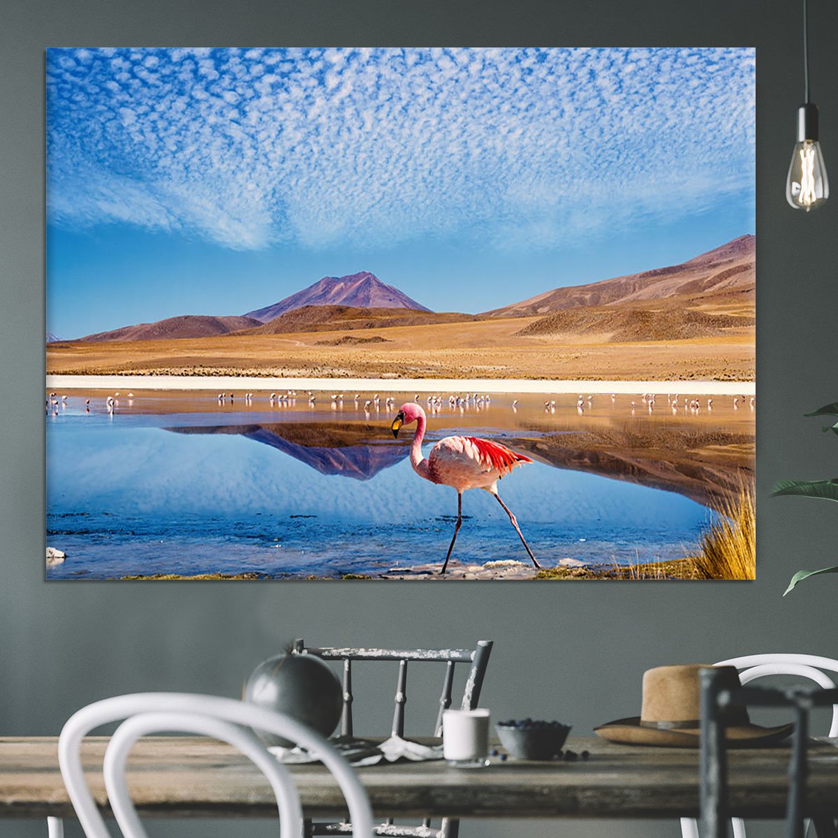 Pink flamingo walking through scene Canvas Print or Poster