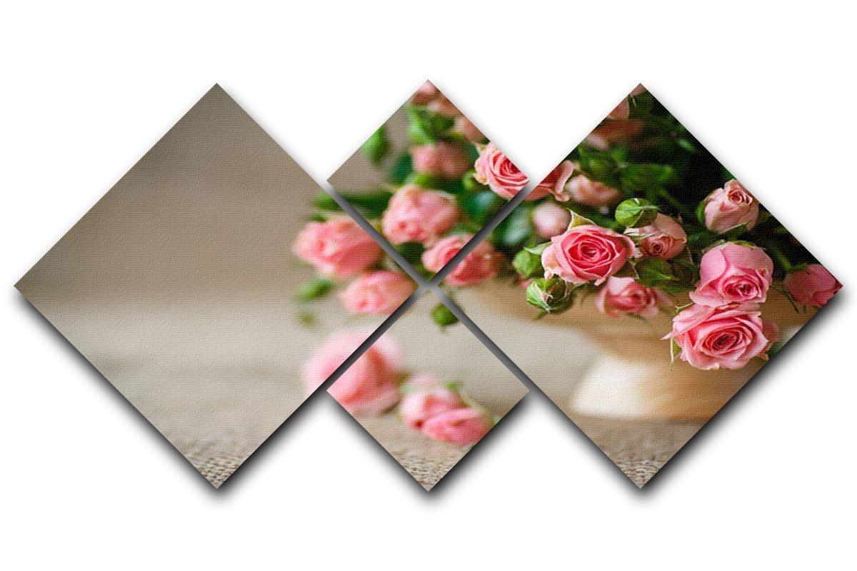 Pink roses on an old table of burlap 4 Square Multi Panel Canvas  - Canvas Art Rocks - 1