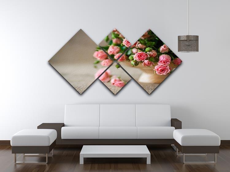Pink roses on an old table of burlap 4 Square Multi Panel Canvas  - Canvas Art Rocks - 3
