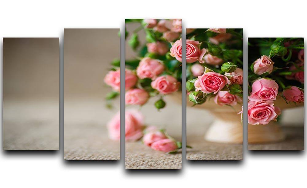 Pink roses on an old table of burlap 5 Split Panel Canvas  - Canvas Art Rocks - 1