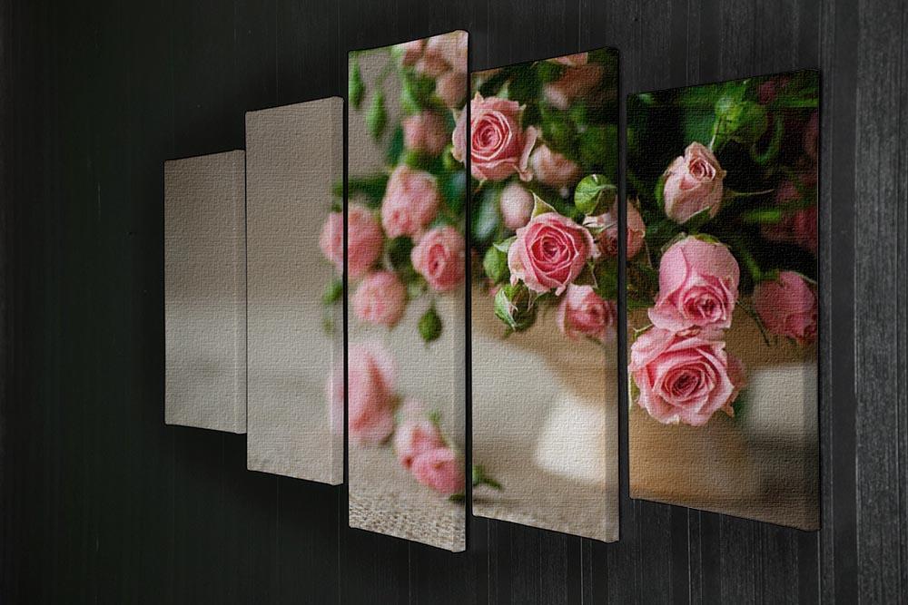 Pink roses on an old table of burlap 5 Split Panel Canvas  - Canvas Art Rocks - 2