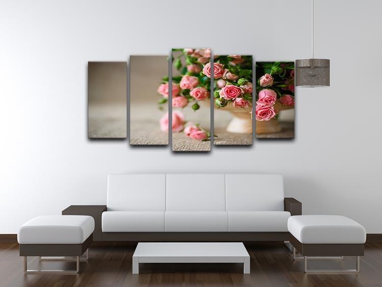 Pink roses on an old table of burlap 5 Split Panel Canvas  - Canvas Art Rocks - 3